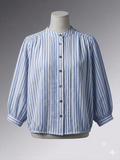 Striped Balloon Sleeve Button-Down Top