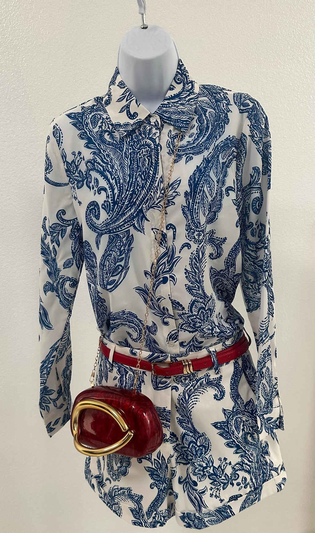 Paisley Print Button-Up Top & Shorts Set