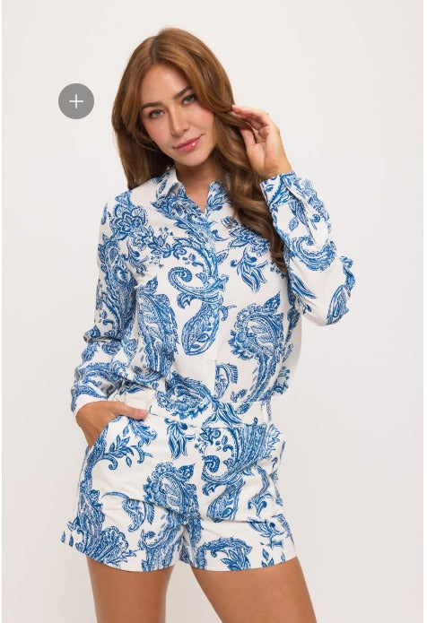 Paisley Print Button-Up Top & Shorts Set