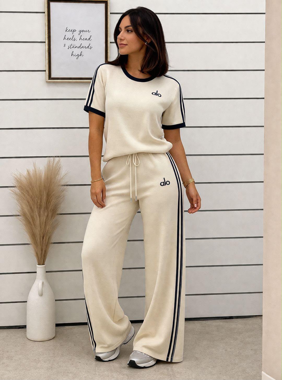 ALO Stripe Tee & Wide-Leg Pants Set