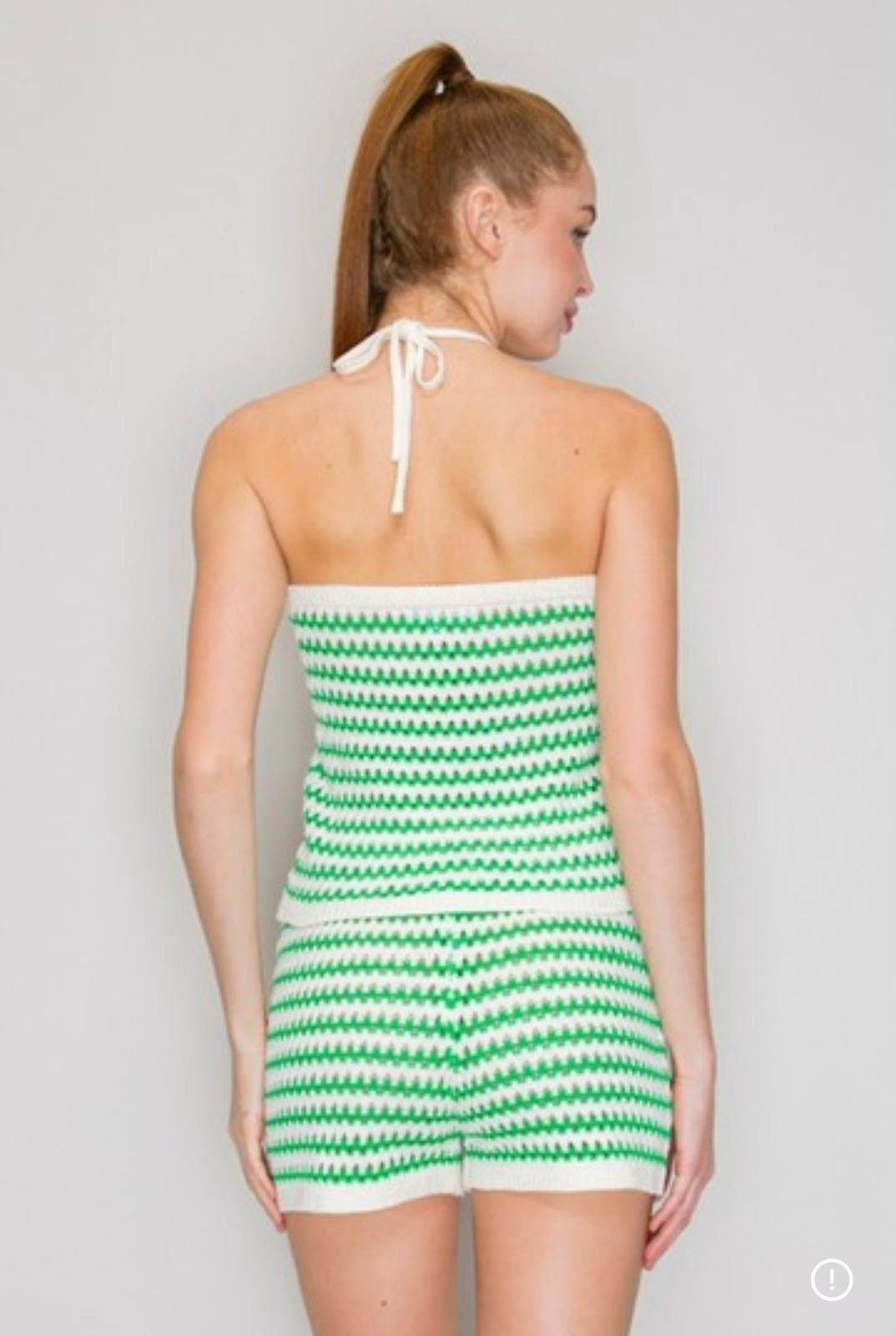 Set Green Crochet Halter Top & Shorts