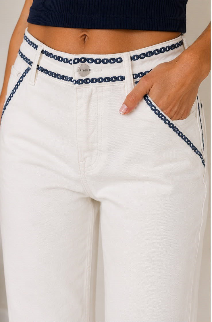 Navy Trim Wide-Leg Jeans