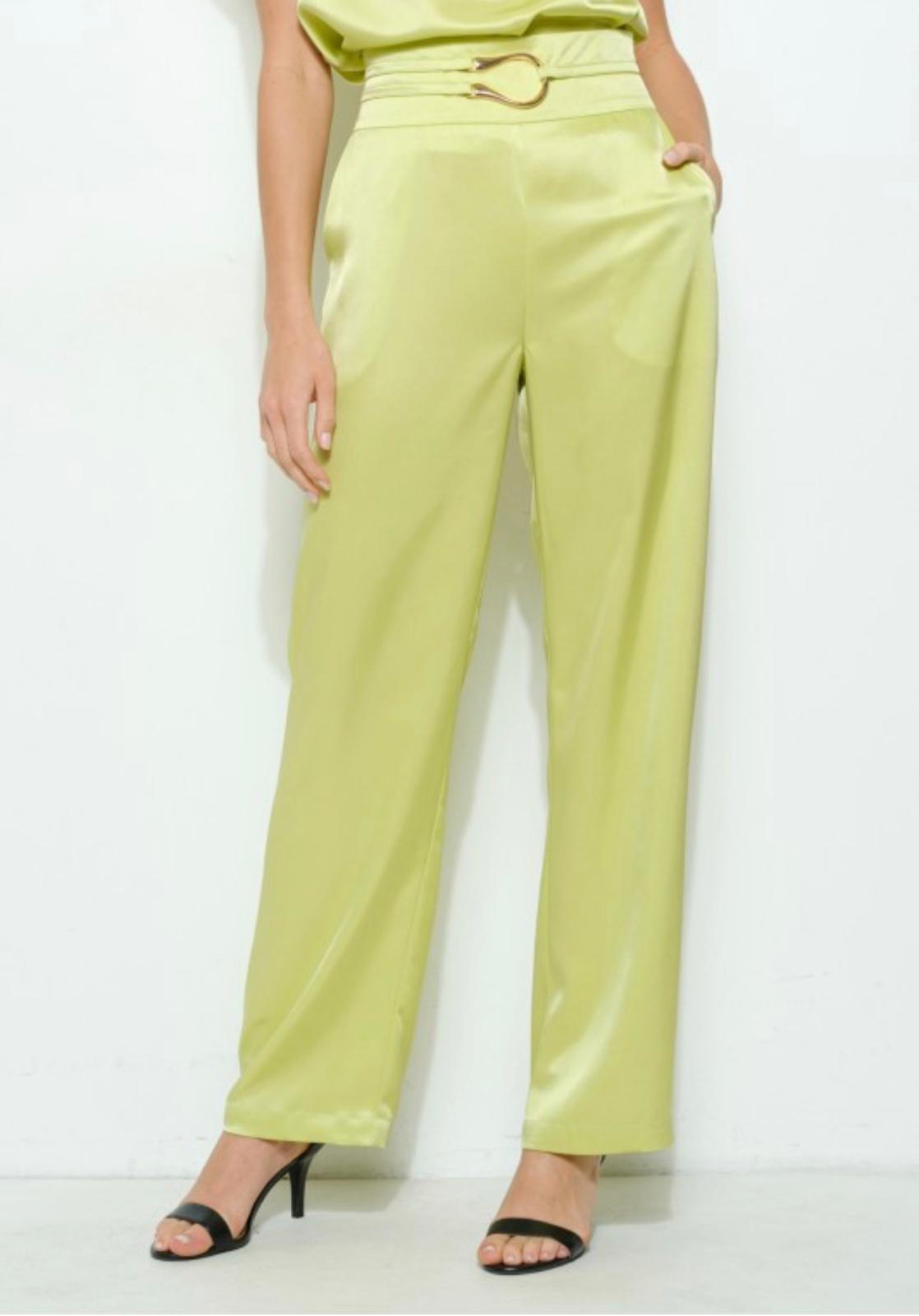 Lime Satin Belted Wide-Leg Pants