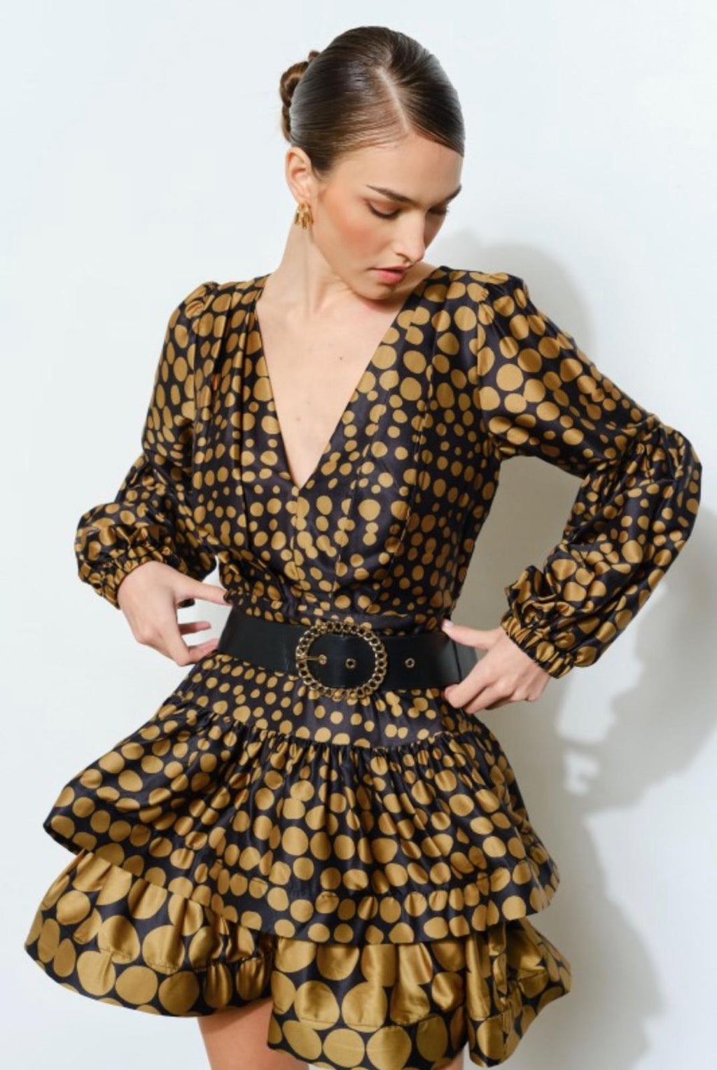 Gold Dot Ruffle Mini Dress