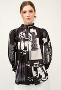 Black & White Graphic Print Bow-Tie Blouse