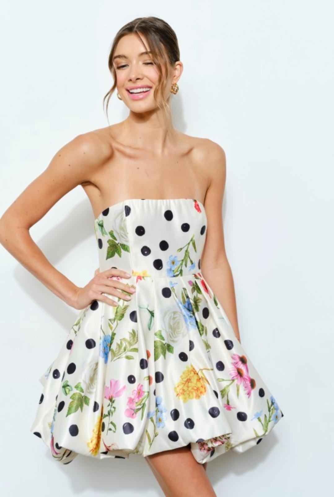 Floral & Polka Dot Strapless Bubble Mini Dress