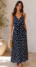 Navy Polka Dot Open-Back Maxi Dress