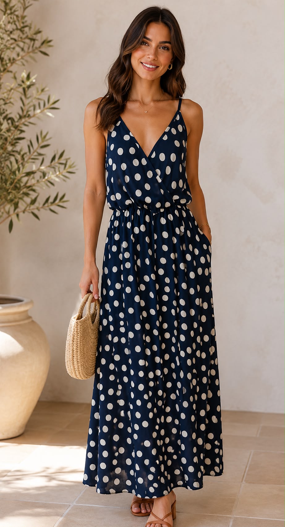 Navy Polka Dot Open-Back Maxi Dress