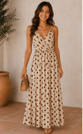 Beige Brown Polka Dot Open-Back Maxi Dress