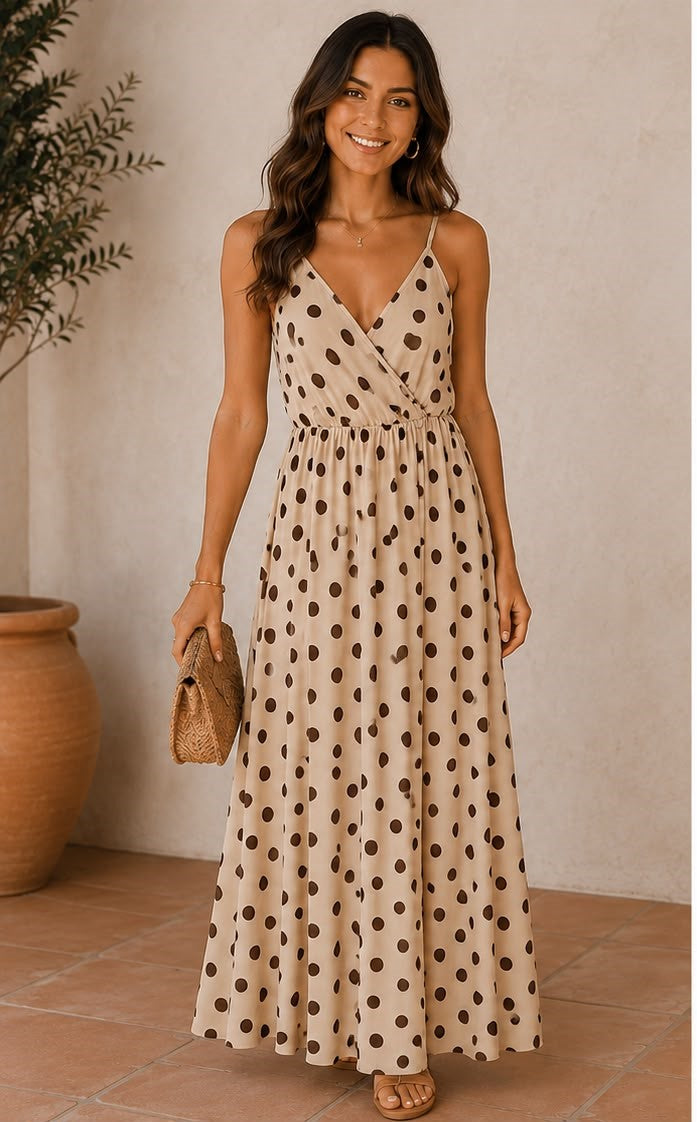 Beige Brown Polka Dot Open-Back Maxi Dress