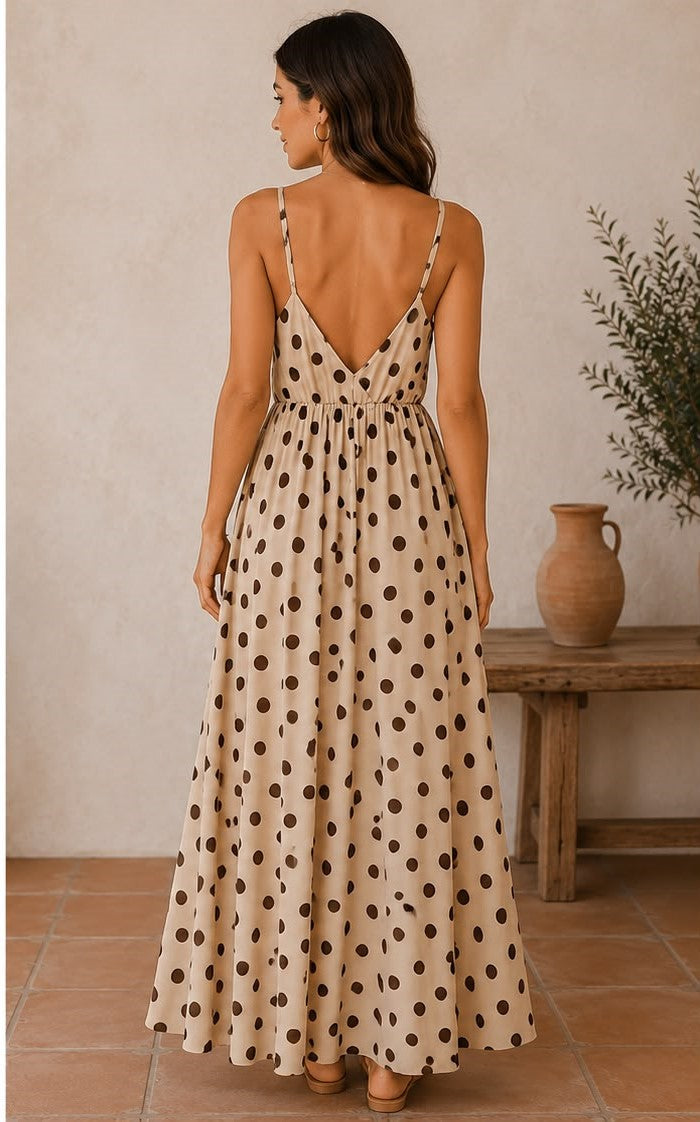 Beige Brown Polka Dot Open-Back Maxi Dress
