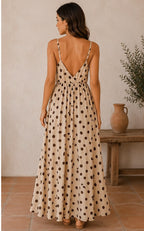 Beige Brown Polka Dot Open-Back Maxi Dress