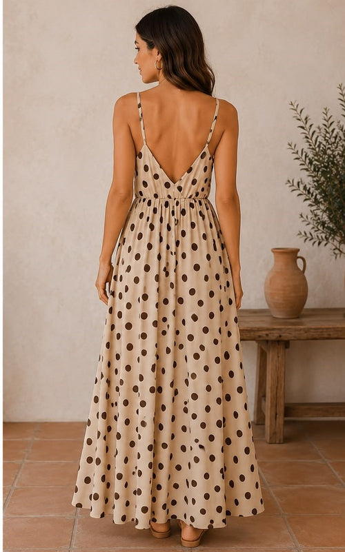 Beige Brown Polka Dot Open-Back Maxi Dress