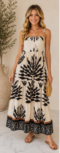 Cream Black Tribal Print Tiered Maxi Dress