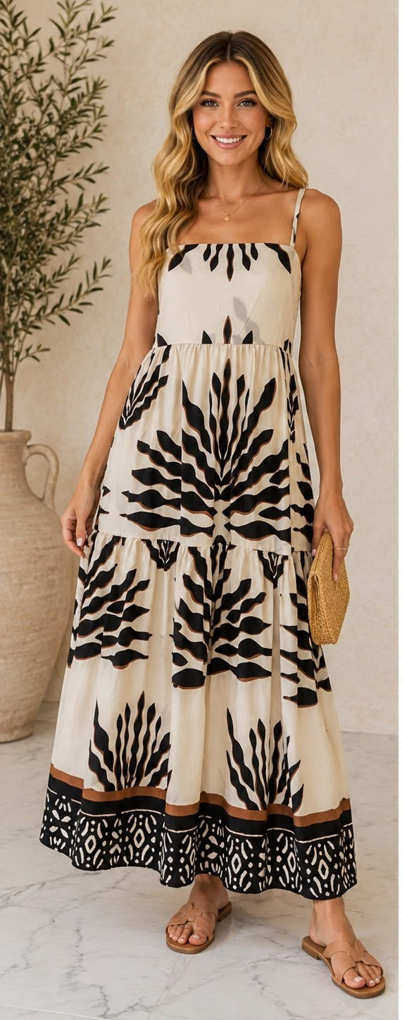 Cream Black Tribal Print Tiered Maxi Dress