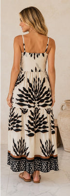 Cream Black Tribal Print Tiered Maxi Dress