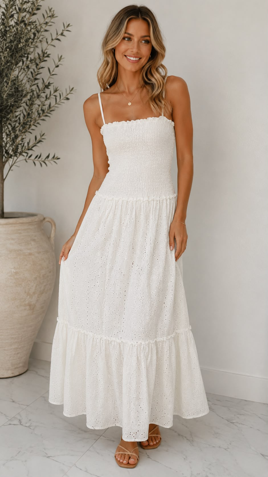 Smocked Eyelet Tiered Maxi Dress
