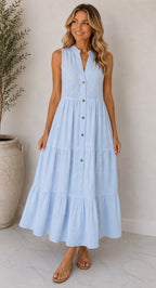 Sleeveless Button-Down Tiered Maxi Dress