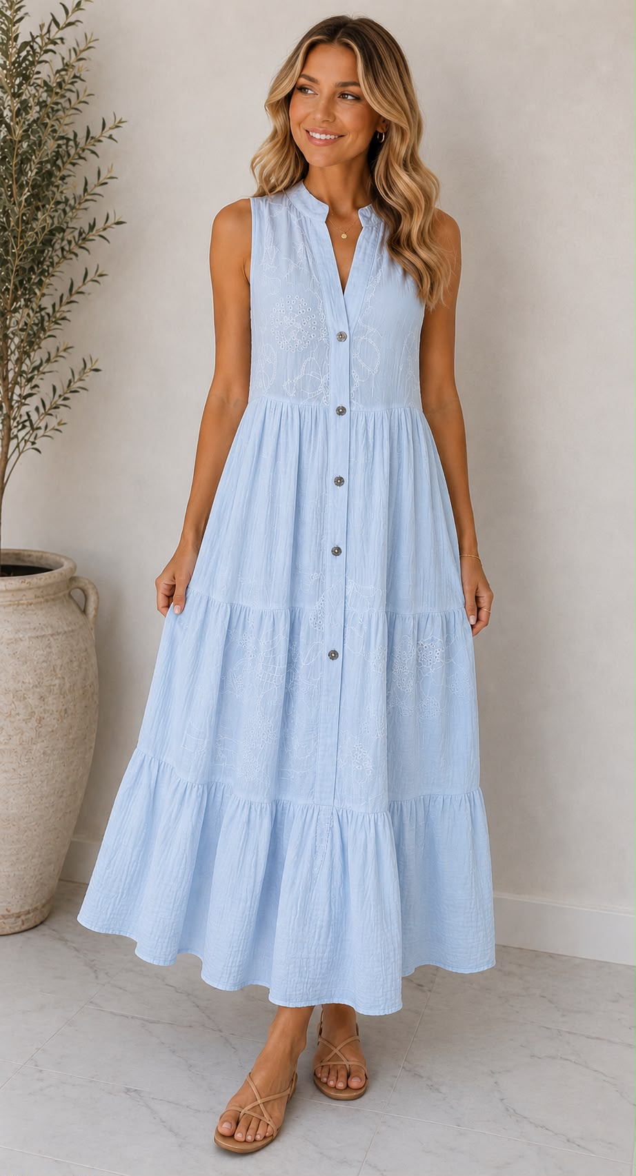 Sleeveless Button-Down Tiered Maxi Dress
