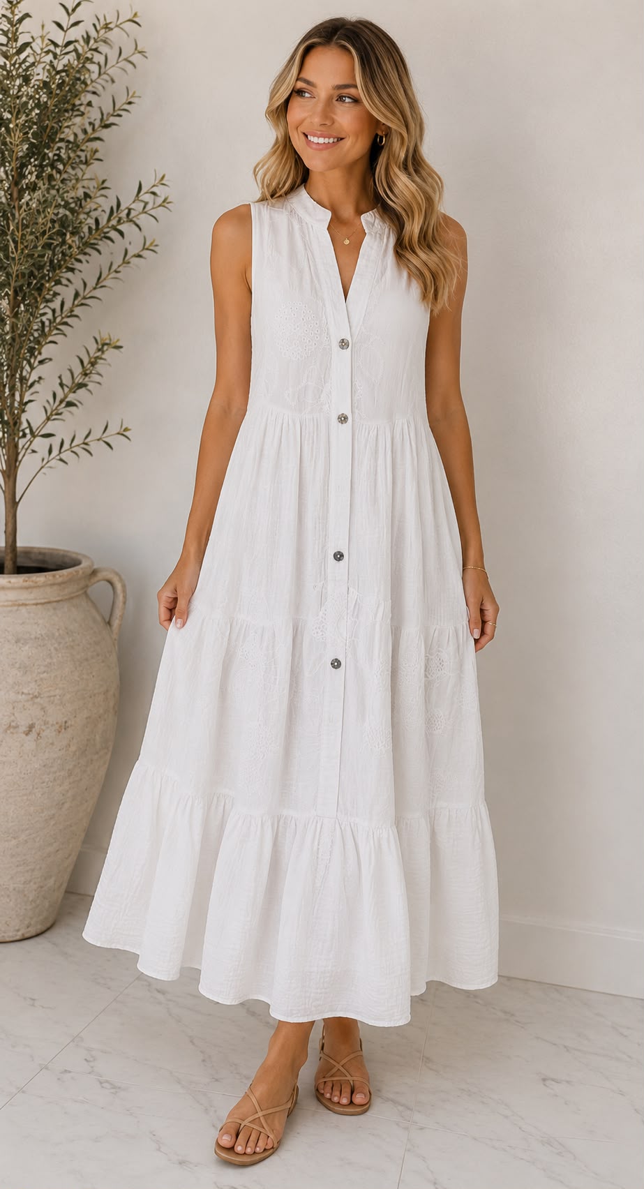 Sleeveless Button-Down Tiered Maxi Dress