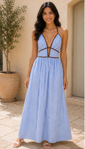 Blue Stripe Halter Maxi Dress with Brown Trim