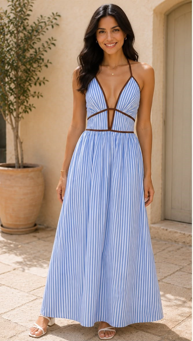 Blue Stripe Halter Maxi Dress with Brown Trim