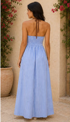 Blue Stripe Halter Maxi Dress with Brown Trim