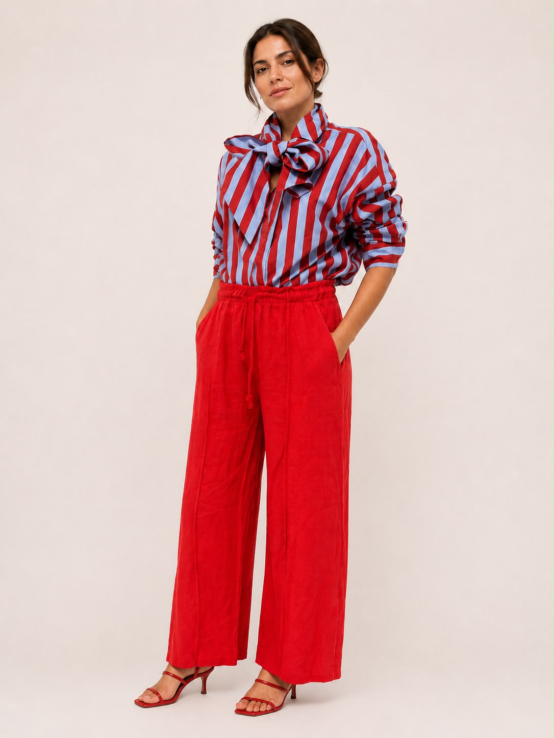 Red & Blue Striped Bow Blouse