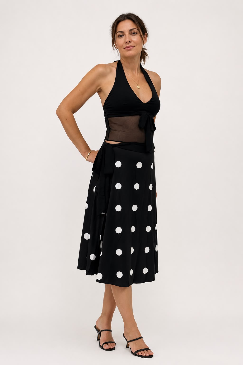 Black Polka Dot Halter & Midi Skirt Set