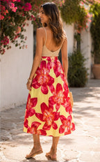 Yellow Tropical Floral Midi Skirt