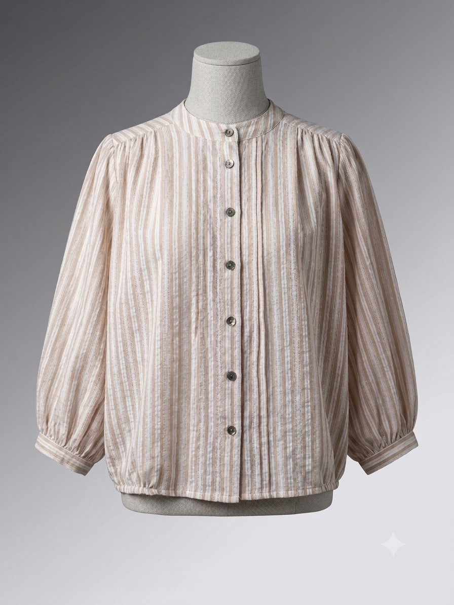 Striped Balloon Sleeve Button-Down Top